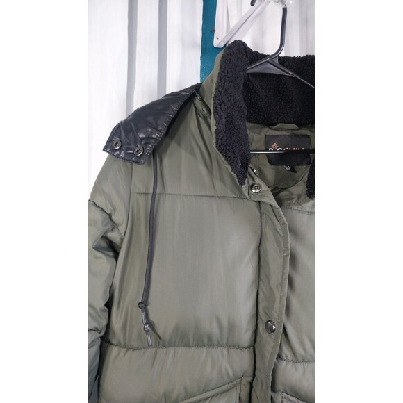 Womens Big Chill Long Puffer Coat W/Removable Hood Faux Fur Trim Medium Green - Picture 10 of 13